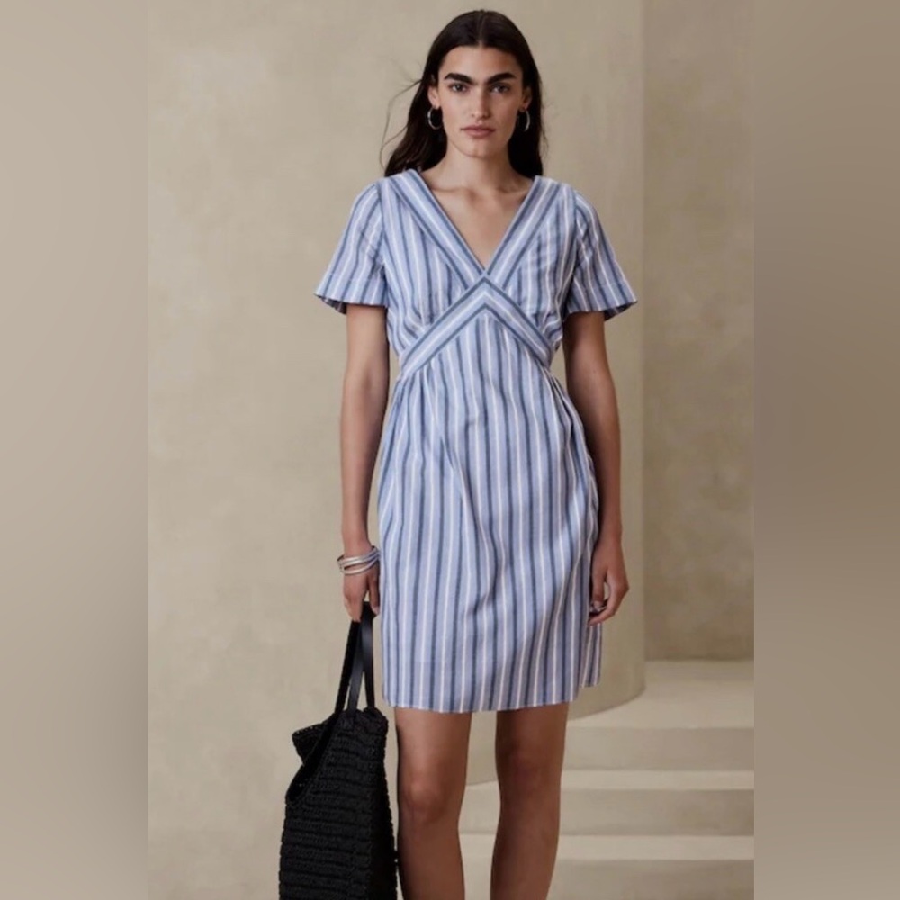 NWT Banana Republic Blue Striped Flutter Sleeve Mini Dress Women's Small TieBack